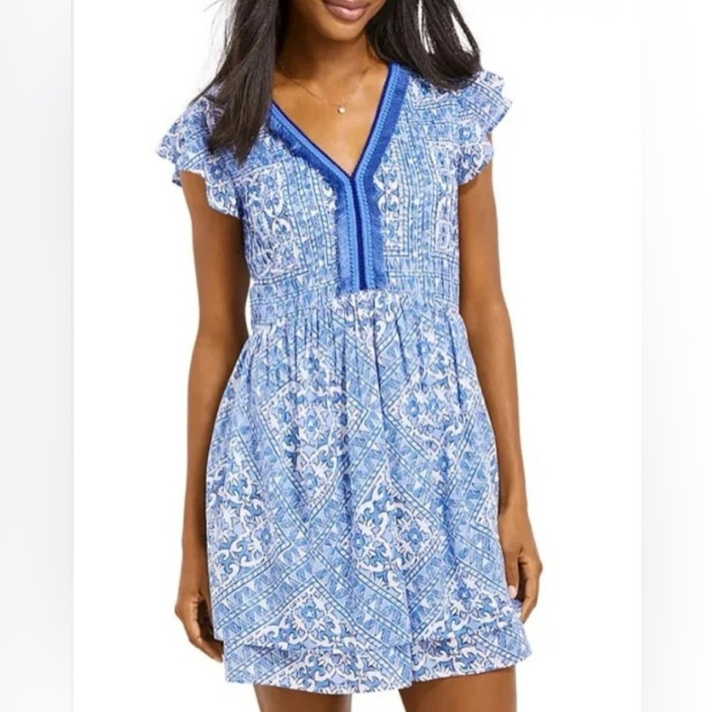VINEYARD VINES SCARF PRINT BLUE FRINGE COTTON DRESS BOHO
